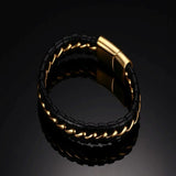 Cowboy fashion Black Braided Leather Gold Stainless Steel Bracelet For Men