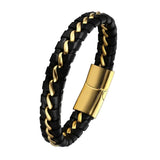Cowboy fashion Black Braided Leather Gold Stainless Steel Bracelet For Men