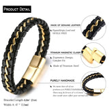 Cowboy fashion Black Braided Leather Gold Stainless Steel Bracelet For Men