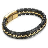 Cowboy fashion Black Braided Leather Gold Stainless Steel Bracelet For Men