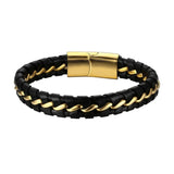 Cowboy fashion Black Braided Leather Gold Stainless Steel Bracelet For Men