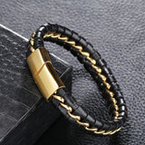 Cowboy fashion Black Braided Leather Gold Stainless Steel Bracelet For Men