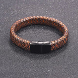 Cowboy fashion Braided Brown Leather Black Stainless Steel Wrist Band Bracelet Men