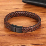Cowboy fashion Braided Brown Leather Black Stainless Steel Wrist Band Bracelet Men