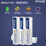 ENVIE (AA28004PL) AA Rechargeable Batteries | High Capacity Ni-MH | 2800 mAh | Low Self Discharge | Pre-Charged (Pack Of 4) (AA28004PL)