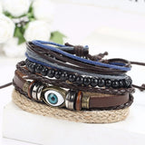 Cowboy fashion Eyes Layer Black Leather Charm Wrist Band Multi Strand Bracelet Men