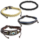 Cowboy fashion Eyes Layer Black Leather Charm Wrist Band Multi Strand Bracelet Men