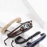 Cowboy fashion Eyes Layer Black Leather Charm Wrist Band Multi Strand Bracelet Men