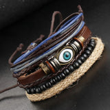 Cowboy fashion Eyes Layer Black Leather Charm Wrist Band Multi Strand Bracelet Men