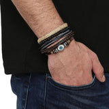 Cowboy fashion Eyes Layer Black Leather Charm Wrist Band Multi Strand Bracelet Men