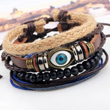 Cowboy fashion Eyes Layer Black Leather Charm Wrist Band Multi Strand Bracelet Men