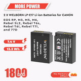 WELBORN LP E17 Dual Battery and Charger Combo Pack for Canon Camera EOS M3 M5 M6 77D 200D 750D 760D 800D 8000D 9000D Rebel T6s T6i T7i SL2 Kiss X8i