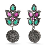 Cowboy Fashion Traditional Silver Oxidized Zinc Alloy Pink Green Leaf Stone Agate Earring For Girls Women