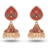 Cowboy Fashion Meena Red Antique Peacock Carved Zinc Alloy Base Jhumka Earring For Girls Women