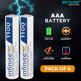 ENVIE AAA Rechargeable Batteries, High-Capacity Ni-MH 1100 mAh, Low Self Discharge, Pre-Charged (Pack of 4) (AAA11004PL)
