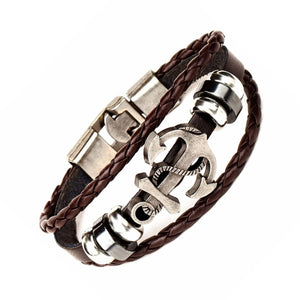 Cowboy fashion Anchor Braided Brown Leather Ring Wrist Band Strand Bracelet Men