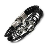 Cowboy fashion Anchor Braided Genuine Black Leather Wrist Band Strand Bracelet