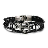 Cowboy fashion Anchor Braided Genuine Black Leather Wrist Band Strand Bracelet