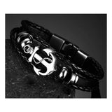 Cowboy fashion Anchor Braided Genuine Black Leather Wrist Band Strand Bracelet