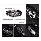 Cowboy fashion Anchor Braided Genuine Black Leather Wrist Band Strand Bracelet