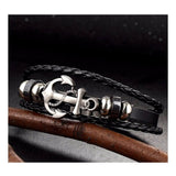 Cowboy fashion Anchor Braided Genuine Black Leather Wrist Band Strand Bracelet