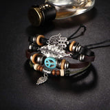 Cowboy Fashion Black Leather Hamsa Peace Charm Wrist Band Multi Strand Bracelet