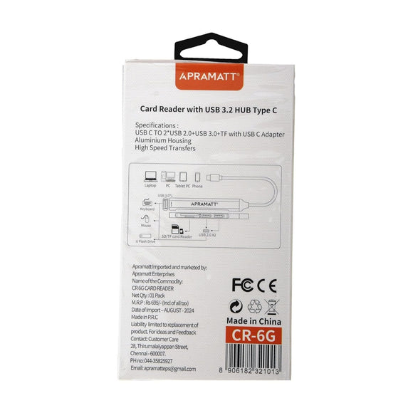 Apramatt CR 6G + Adapter (5 in 1 USB C to USB3.0 + USB2.0 * 2+ SD + Micro SD)