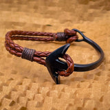 Cowboy  Fashion Black Anchor Strand Half Vegan PU Leather Kada Bracelet