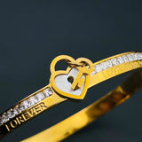 Cowboy Fashion Love Lock Cubic Zirconia 18K Gold Stainless Steel Openable Kada Bangle for Women