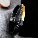 Cowboy Fashion Stainless Steel Gold Black Customized Personalised Laser Engraved Leather Wrist Band ID Bracelet for Men