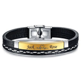 Cowboy Fashion Stainless Steel Gold Black Customized Personalised Laser Engraved Leather Wrist Band ID Bracelet for Men