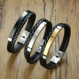 Cowboy Fashion Stainless Steel Gold Black Customized Personalised Laser Engraved Leather Wrist Band ID Bracelet for Men