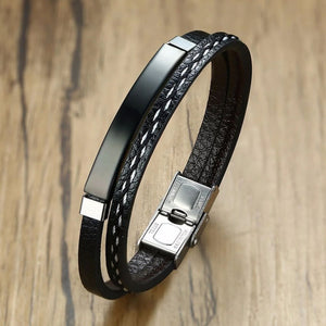 Cowboy Fashion Stainless Steel Gold Black Customized Personalised Laser Engraved Leather Wrist Band ID Bracelet for Men