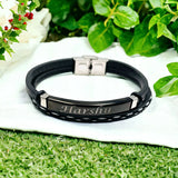 Cowboy Fashion Stainless Steel Gold Black Customized Personalised Laser Engraved Leather Wrist Band ID Bracelet for Men