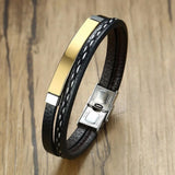Cowboy Fashion Stainless Steel Gold Black Customized Personalised Laser Engraved Leather Wrist Band ID Bracelet for Men