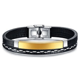 Cowboy Fashion Stainless Steel Gold Black Customized Personalised Laser Engraved Leather Wrist Band ID Bracelet for Men
