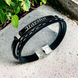 Cowboy Fashion Stainless Steel Gold Black Customized Personalised Laser Engraved Leather Wrist Band ID Bracelet for Men