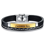 Cowboy Fashion Stainless Steel Gold Black Customized Personalised Laser Engraved Leather Wrist Band ID Bracelet for Men