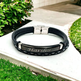 Cowboy Fashion Stainless Steel Gold Black Customized Personalised Laser Engraved Leather Wrist Band ID Bracelet for Men