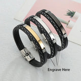 Cowboy Fashion Stainless Steel Gold Black Customized Personalised Laser Engraved Leather Wrist Band ID Bracelet for Men