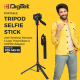 DIGITEK (DTR-565 SS) Foldable Tripod Selfie Stick for Smartphone & Action Cameras with 4.75ft Height, 360° Rotation & 3-Leg Base, 10m Wireless Remote, 7 Section Adjustable For Android/iPhone & Gopro