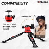 DIGITEK® (DTR-200MT) 18CM Flexible & Portable Mini Tripod with Smartphone Holder & 360° Ball Head, 1kg Load Capacity, 2 Section Adjustment, Rubber Feet, For Smartphones, Compact Cameras, GoPro Cameras