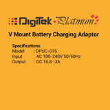 DIGITEK® (DPUC 015) Universal Charging Adapter for V Mount Batteries – 3A Fast Charging, Wide Voltage Input (AC 100-240V), High Output (DC 16.8V) - Black Color