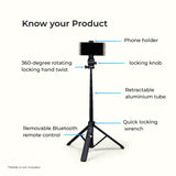 DIGITEK® (DTR 525 SS) 160 CM Long Tripod Selfie Stick with Wireless Remote, Aluminum Rod with 3 Legs Base, 360° Head, GoPro Adapter, 7 Section Adjustment - Compatible with Phones & Action Cameras