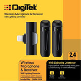 DIGITEK® (DWM 004) Wireless Microphone with Receiver Set, 2 Mics + 1 Receiver, Lightning Connector, 4 Hours Working Time, 10m Wireless Range, for Audio Recording, Live Streaming, Video Recording