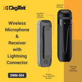 DIGITEK® (DWM 004) Wireless Microphone with Receiver Set, 2 Mics + 1 Receiver, Lightning Connector, 4 Hours Working Time, 10m Wireless Range, for Audio Recording, Live Streaming, Video Recording