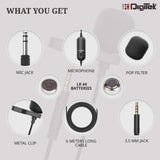 Digitek (DM 01) Lavalier Condenser Microphone with Battery & 20ft Audio Cable for Smartphones | DSLR Cameras | PC with Omnidirectional Condenser for Content Creation | Vlogging | Recording | YouTube and More