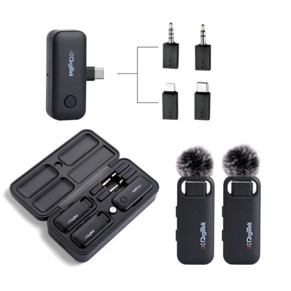 Digitek® (DWM 106) 2-in-1 Wireless Microphone System, 80M Range, Noise Cancellation & Reverberation Mode, 360° Sound Capture, Lightning/Type-C/TRRS/TRS Adapter Support for DSLR/Camcorder/Android & iOS