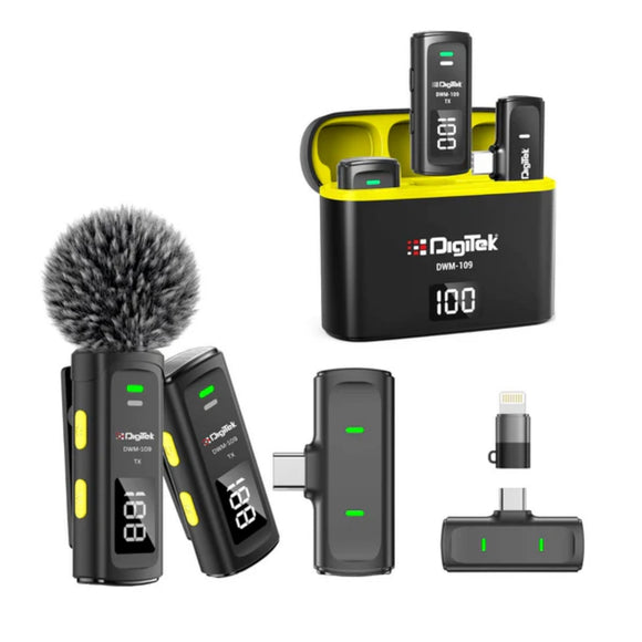 Digitek® DWM 109 2-in-1 Wireless Microphone System, 50m Range, 7Hr Battery, Type-C to Lightning Converter, 2.4GHz, Noise Reduction, for Android & iPhone, Record Meeting, Interviews & More