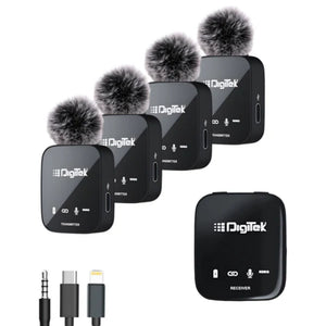 Digitek® (DWM 111) 4 Channel Wireless Microphone System, 360° Ultra Voice Capture & 2.4GHz, Plug & Play, 50m Range, Noise Reduction, Use with DSLR, Smartphone & Laptops, for Podcast, Vlog & Videoshoot